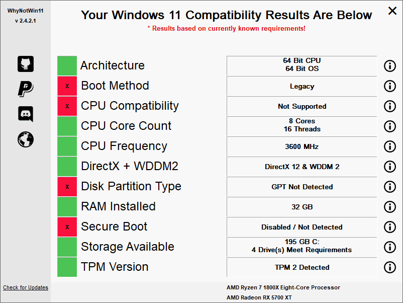 Okno z programu WhyNotWin11 – komputer nie spełnia wymagań Windows 11