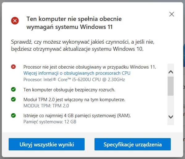 Okno z programu PC Health Check – komputer nie spełnia wymagań Windows 11