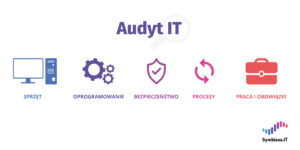Infografika, przedstawiająca obszary audytu IT: sprzęt, oprogramowanie, bezpieczeństwo, procesy, praca i obowiązki
